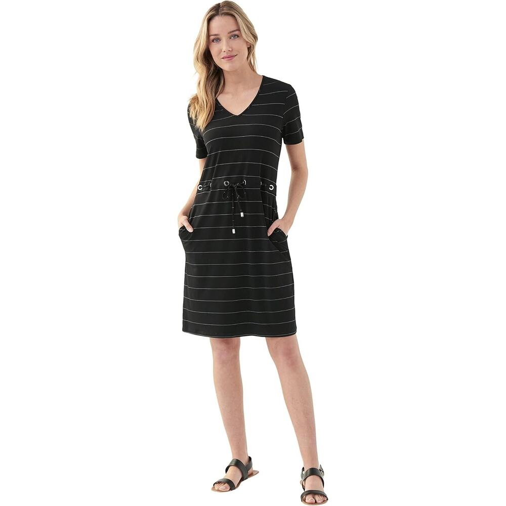 Joseph Ribkoff Striped V-Neck Dress Style 221272 -- Black/Vanilla, Size 12 NWT